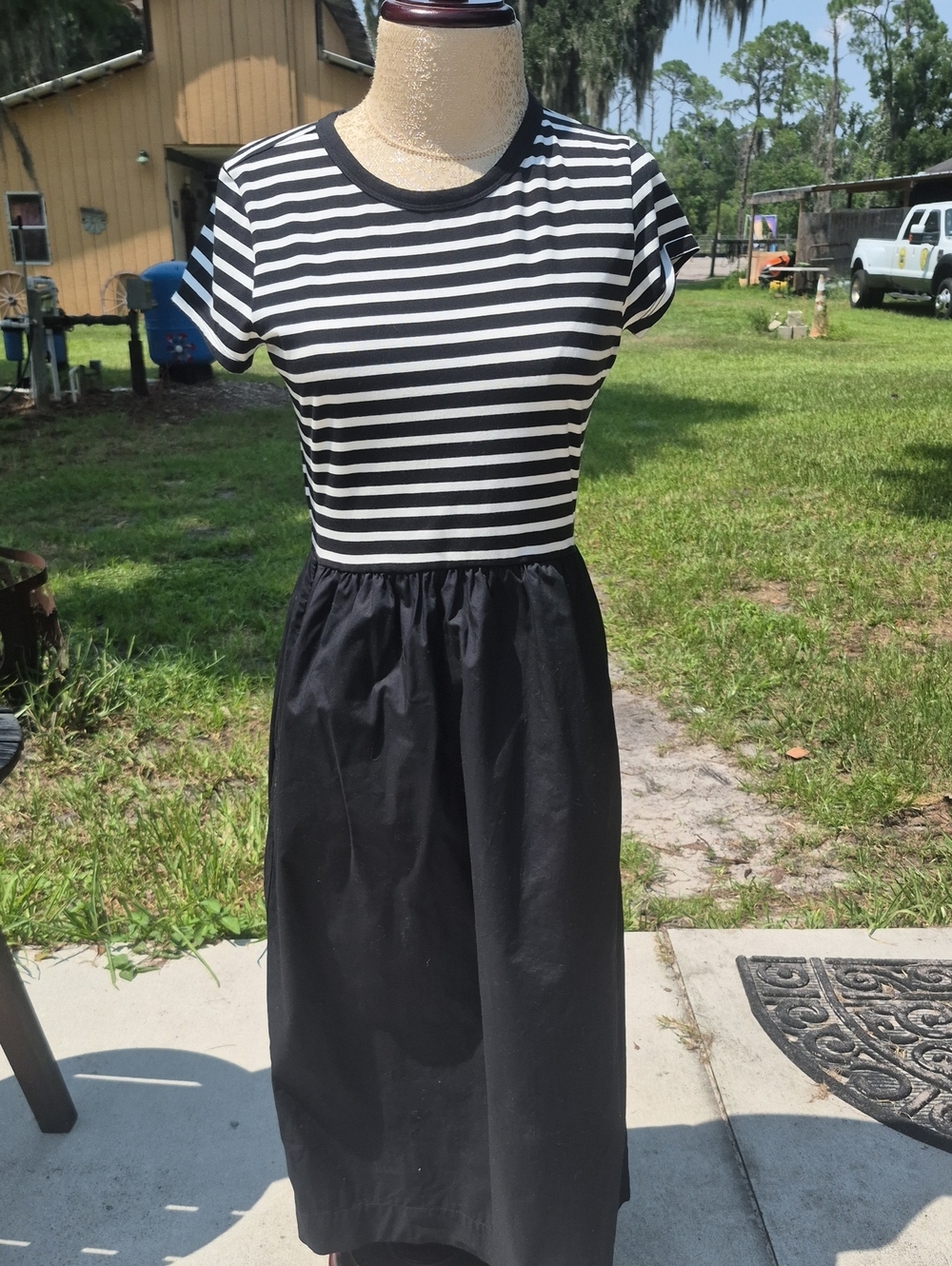 J. Crew Short Sleeve Striped Black White Bodice Long Plain Black Cotton Skirt Sm